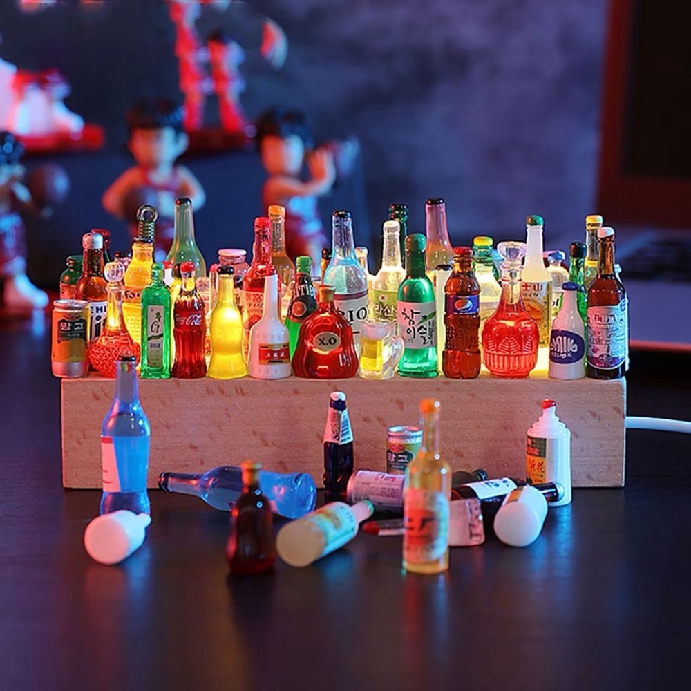 Handcrafted Miniature Drink Bottle LED Display Unique Wooden Lighted Decor Stand